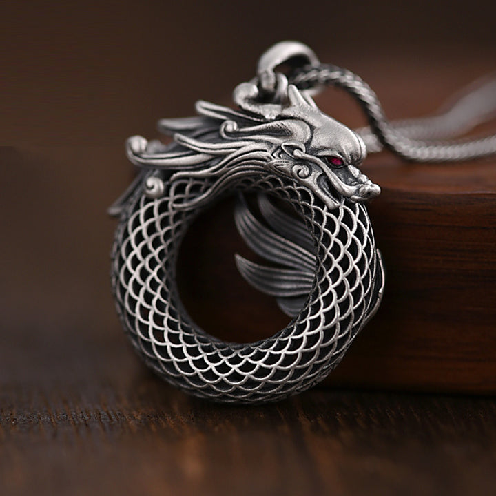 Buddha Stones 999 Srebro Sterling Rok Smoka Pomyślny Pokój Klamra Rzeźbiony Naszyjnik Sukces Wisiorek