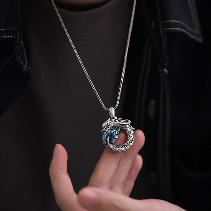 Buddha Stones 999 Srebro Sterling Rok Smoka Pomyślny Pokój Klamra Rzeźbiony Naszyjnik Sukces Wisiorek