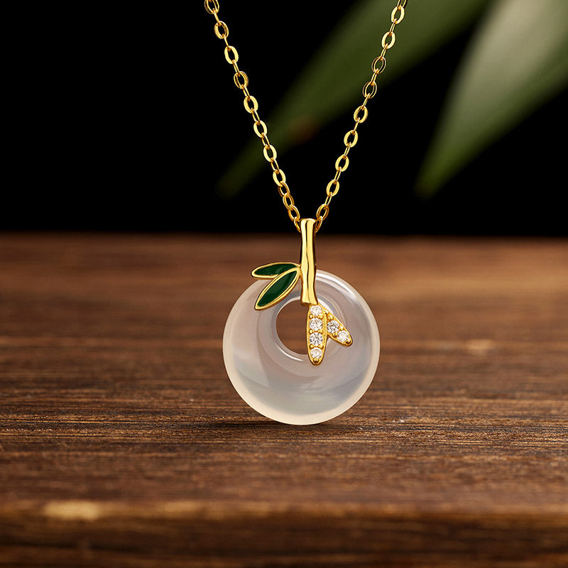 Buddha Stones 925 Srebro Sterlingowe Naturalny Chalcedon Liść Bambusa Klamra Pokoju Pozytywny Naszyjnik Wisiorek - Złoty bambusowy chalcedon - image 0