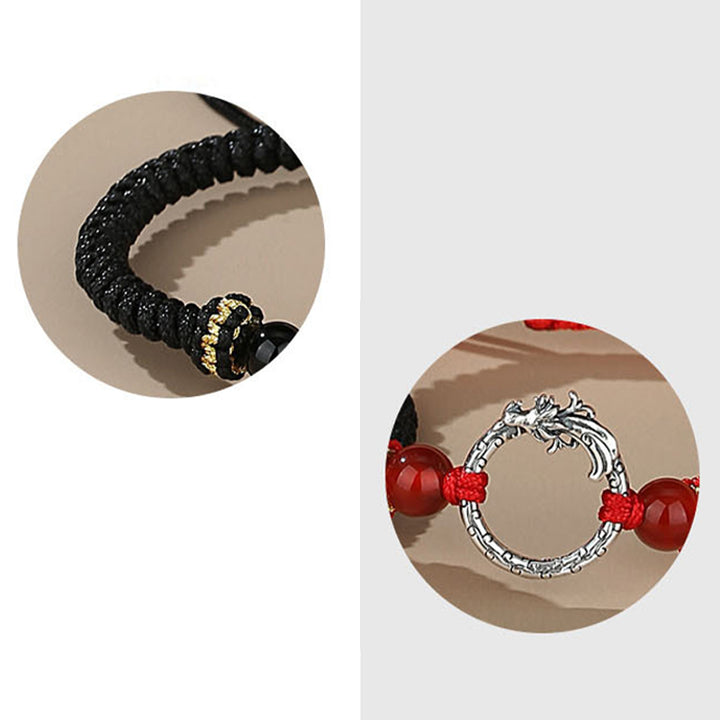Buddha Stones Ręcznie robione 925 Srebro Sterling Rok Smoka Feniks Klamra Pokoju Szczęście Bransoletka Para