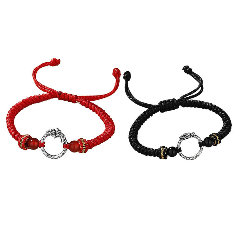 Buddha Stones Ręcznie robione 925 Srebro Sterling Rok Smoka Feniks Klamra Pokoju Szczęście Bransoletka Para