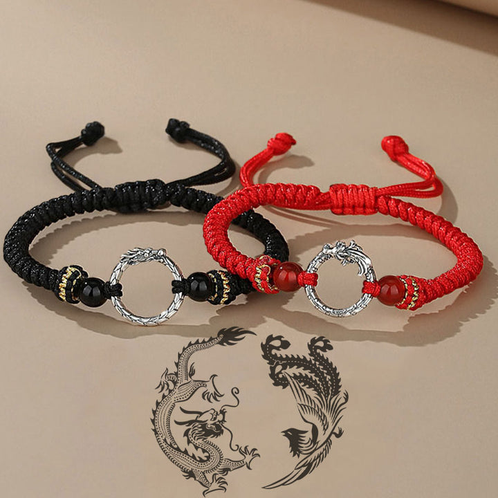 Buddha Stones Ręcznie robione 925 Srebro Sterling Rok Smoka Feniks Klamra Pokoju Szczęście Bransoletka Para