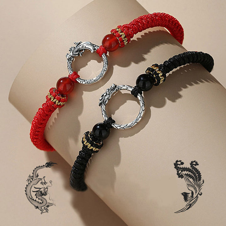 Buddha Stones Ręcznie robione 925 Srebro Sterling Rok Smoka Feniks Klamra Pokoju Szczęście Bransoletka Para