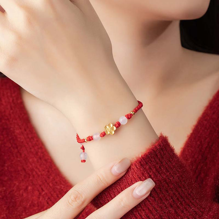 Buddha Stones Ręcznie robione 925 Srebro Sterlingowe Brzoskwiniowy Kwiat Wiśni Sakura Chalcedon Koralik Szczęścia Czerwona Bransoletka Lina - image 7