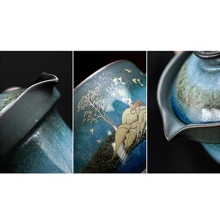 Buddha Stones Ceramiczna filiżanka do herbaty Jeleń Górskie Drzewa Uroczy Kot Czarna filiżanka do herbaty z pokrywką i torbą