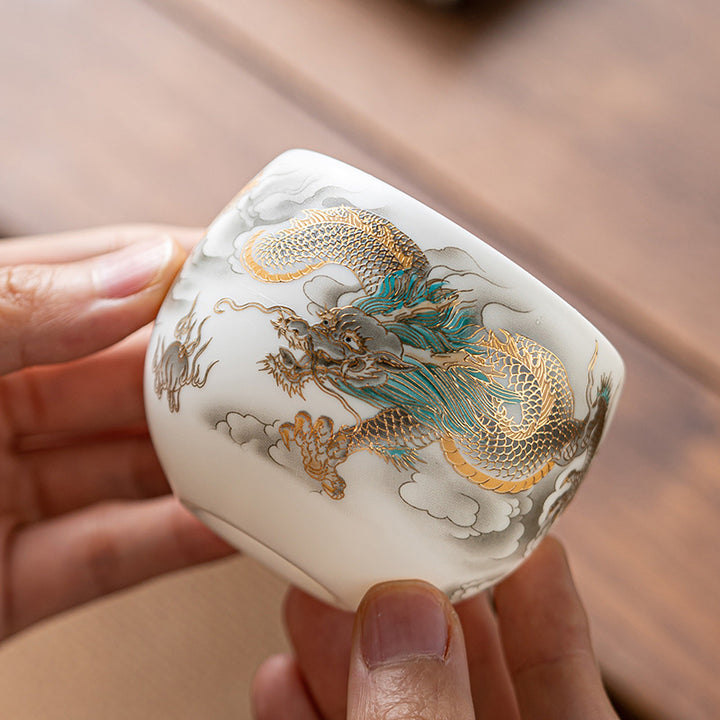 Buddha Stones Smok Feniks Pomyślne Chmury Ceramiczna Filiżanka Kung Fu Filiżanka Do Herbaty Z Pudełkiem Prezentowym