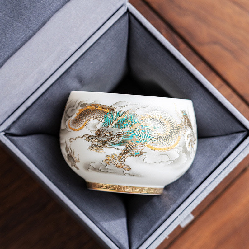 Buddha Stones Smok Feniks Pomyślne Chmury Ceramiczna Filiżanka Kung Fu Filiżanka Do Herbaty Z Pudełkiem Prezentowym
