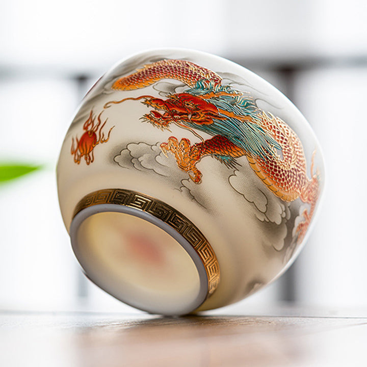 Buddha Stones Smok Feniks Pomyślne Chmury Ceramiczna Filiżanka Kung Fu Filiżanka Do Herbaty Z Pudełkiem Prezentowym