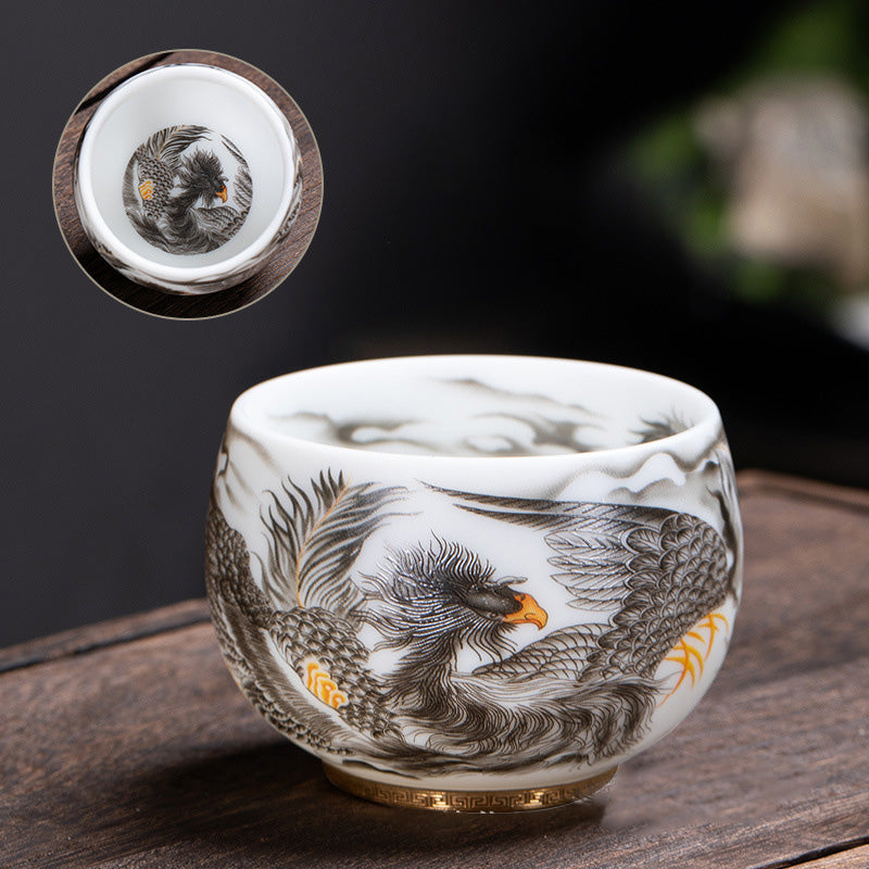 Buddha Stones Phoenix Biała Porcelana Ceramiczna Filiżanka Do Herbaty Kung Fu 185 ml Z Pudełkiem Prezentowym