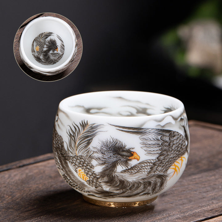Buddha Stones Phoenix Biała Porcelana Ceramiczna Filiżanka Do Herbaty Kung Fu 185 ml Z Pudełkiem Prezentowym