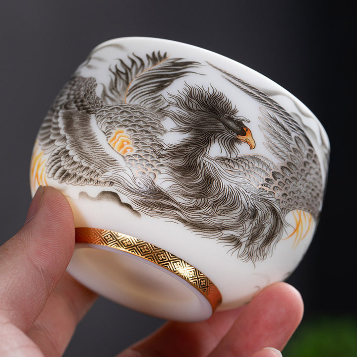 Buddha Stones Phoenix Biała Porcelana Ceramiczna Filiżanka Do Herbaty Kung Fu 185 ml Z Pudełkiem Prezentowym