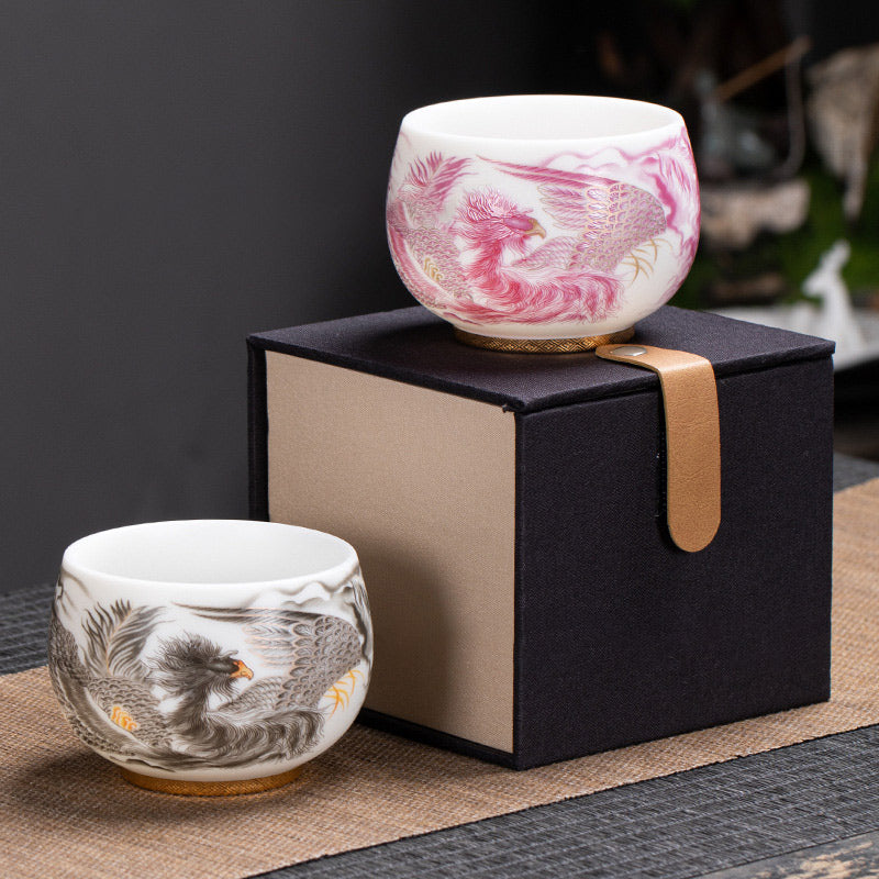 Buddha Stones Phoenix Biała Porcelana Ceramiczna Filiżanka Do Herbaty Kung Fu 185 ml Z Pudełkiem Prezentowym