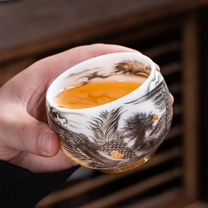Buddha Stones Phoenix Biała Porcelana Ceramiczna Filiżanka Do Herbaty Kung Fu 185 ml Z Pudełkiem Prezentowym