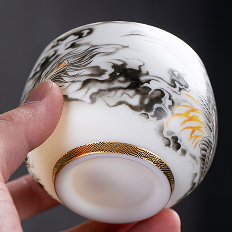 Buddha Stones Phoenix Biała Porcelana Ceramiczna Filiżanka Do Herbaty Kung Fu 185 ml Z Pudełkiem Prezentowym