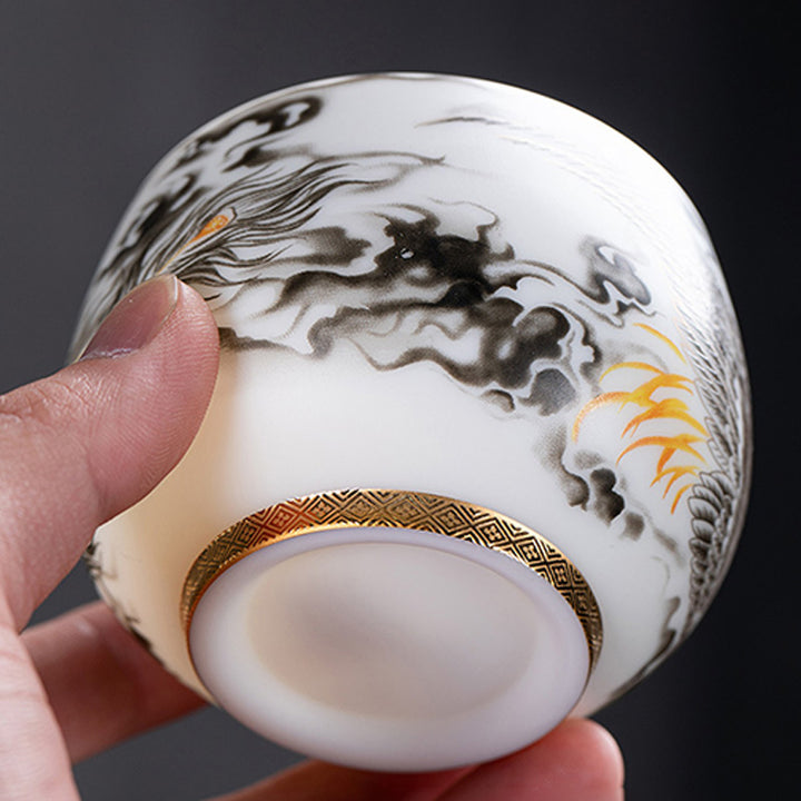 Buddha Stones Phoenix Biała Porcelana Ceramiczna Filiżanka Do Herbaty Kung Fu 185 ml Z Pudełkiem Prezentowym