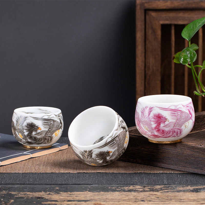 Buddha Stones Phoenix Biała Porcelana Ceramiczna Filiżanka Do Herbaty Kung Fu 185 ml Z Pudełkiem Prezentowym