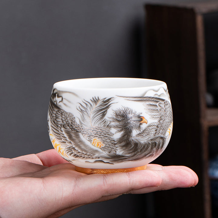 Buddha Stones Phoenix Biała Porcelana Ceramiczna Filiżanka Do Herbaty Kung Fu 185 ml Z Pudełkiem Prezentowym