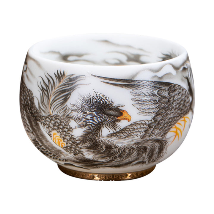 Buddha Stones Phoenix Biała Porcelana Ceramiczna Filiżanka Do Herbaty Kung Fu 185 ml Z Pudełkiem Prezentowym