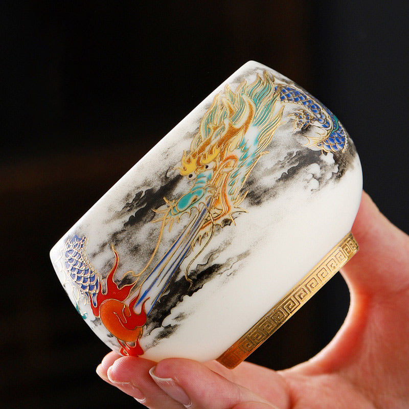 Buddha Stones Smok Bawiący Się Z Perłowym Projektem Biała Porcelana Ceramiczna Filiżanka Do Herbaty Kung Fu 160 ml