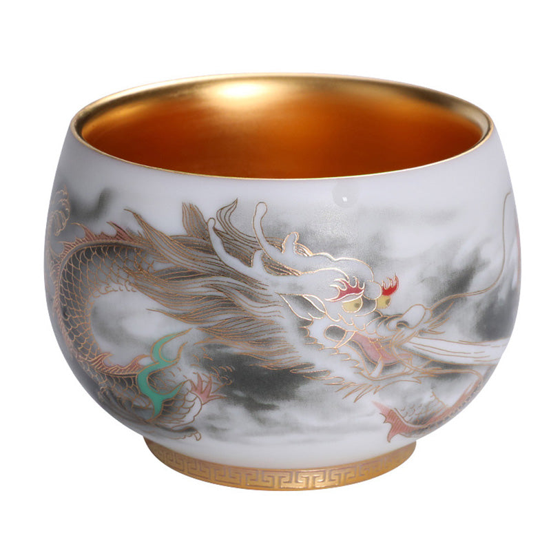 Buddha Stones Smok Złocona Tykwa Ceramiczna Biała Porcelana Filiżanka Do Herbaty Kung Fu 160ml