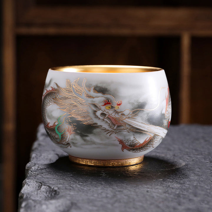 Buddha Stones Smok Złocona Tykwa Ceramiczna Biała Porcelana Filiżanka Do Herbaty Kung Fu 160ml