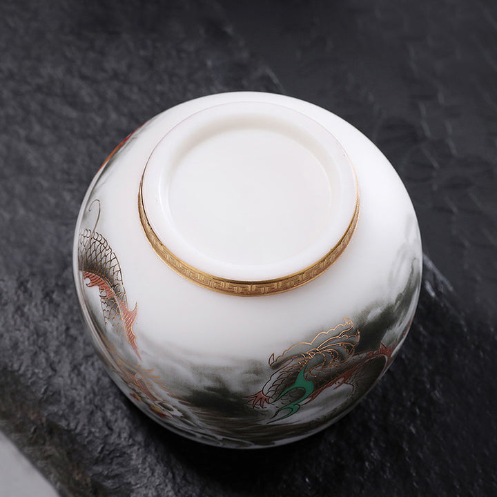 Buddha Stones Smok Złocona Tykwa Ceramiczna Biała Porcelana Filiżanka Do Herbaty Kung Fu 160ml