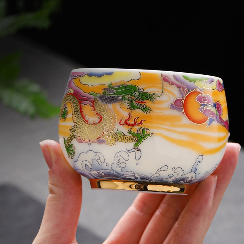 Buddha Stones Smok Feniks Pomyślne Chmury Słońce Fale Oceanu Ceramiczna Filiżanka Kung Fu Filiżanka Do Herbaty