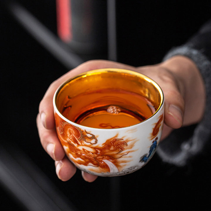 Buddha Stones Smok Feniks Żuraw Słońce Fale Oceanu Złocona Ceramiczna Filiżanka Kung Fu Filiżanka Do Herbaty 170ml