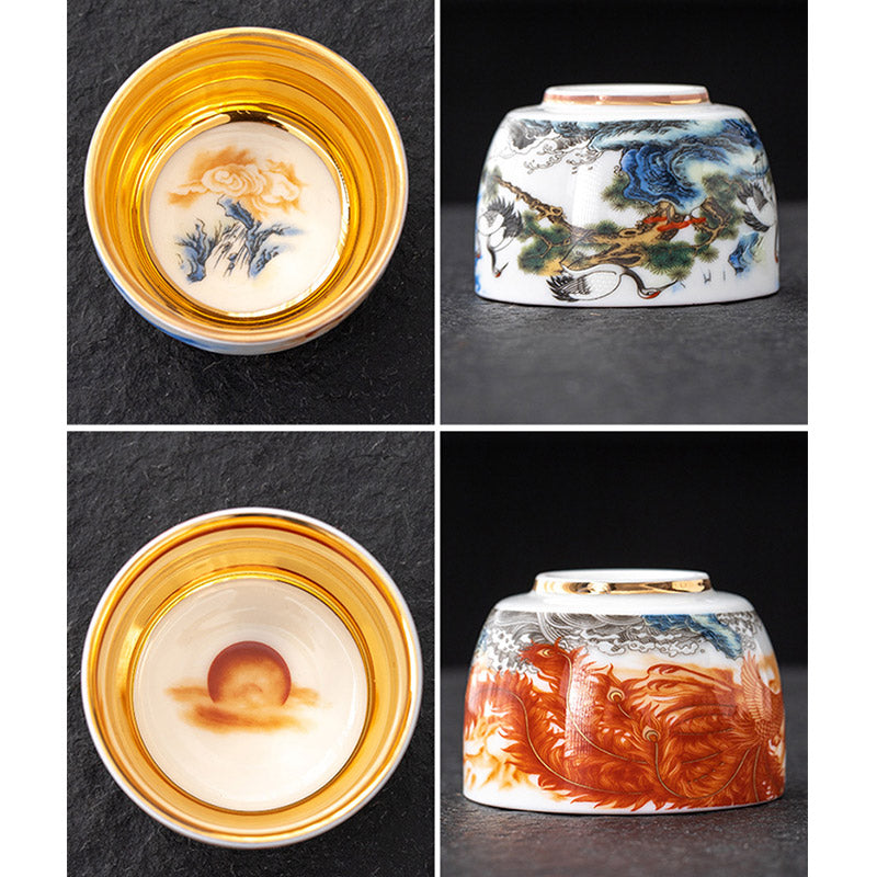 Buddha Stones Smok Feniks Żuraw Słońce Fale Oceanu Złocona Ceramiczna Filiżanka Kung Fu Filiżanka Do Herbaty 170ml