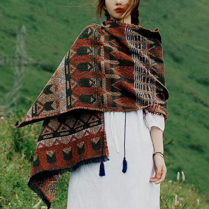 Buddha Stones Tybetański Szal Klasyczny Wzór Geometryczny Zimowy Przytulny Szal Podróżny Otulacz - image 2