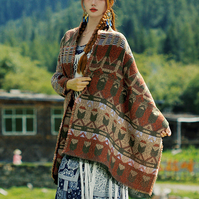 Buddha Stones Tybetański Szal Klasyczny Wzór Geometryczny Zimowy Przytulny Szal Podróżny Otulacz - image 3