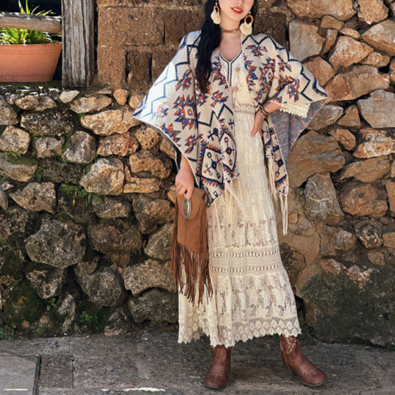 Buddha Stones Tybetański szal w paski Geometryczny wzór Zimowy przytulny szalik podróżny dzianinowy otulacz - Beżowy 130*150cm - image 3