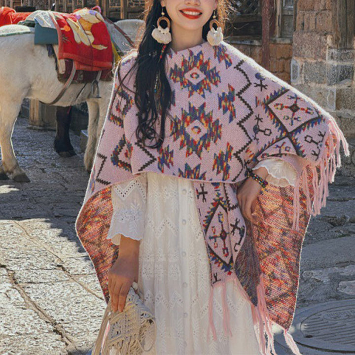 Buddha Stones Tybetański szal w paski Geometryczny wzór Zimowy przytulny szalik podróżny dzianinowy otulacz - Różowy 130*150cm - image 8