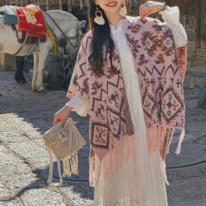 Buddha Stones Tybetański szal w paski Geometryczny wzór Zimowy przytulny szalik podróżny dzianinowy otulacz - image 9