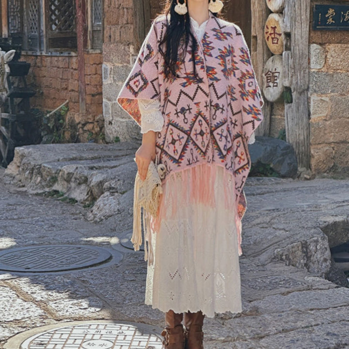 Buddha Stones Tybetański szal w paski Geometryczny wzór Zimowy przytulny szalik podróżny dzianinowy otulacz - image 10