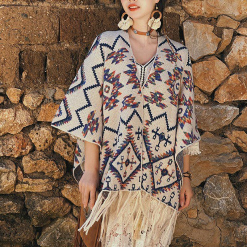 Buddha Stones Tybetański szal w paski Geometryczny wzór Zimowy przytulny szalik podróżny dzianinowy otulacz - image 4