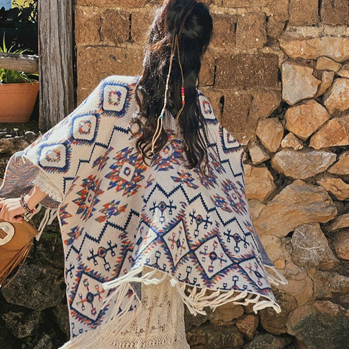 Buddha Stones Tybetański szal w paski Geometryczny wzór Zimowy przytulny szalik podróżny dzianinowy otulacz - image 5