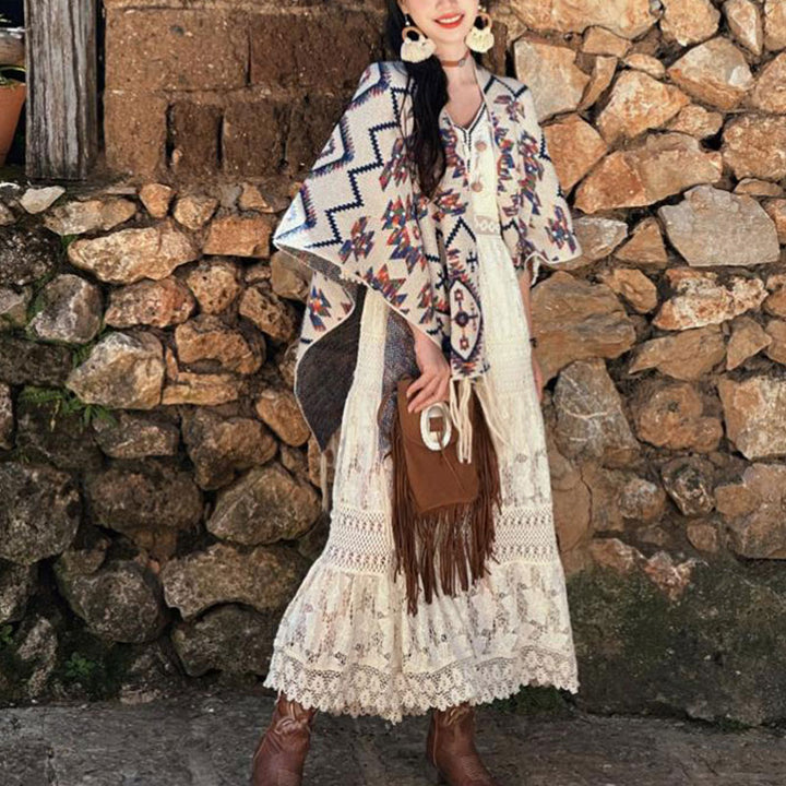 Buddha Stones Tybetański szal w paski Geometryczny wzór Zimowy przytulny szalik podróżny dzianinowy otulacz - image 6