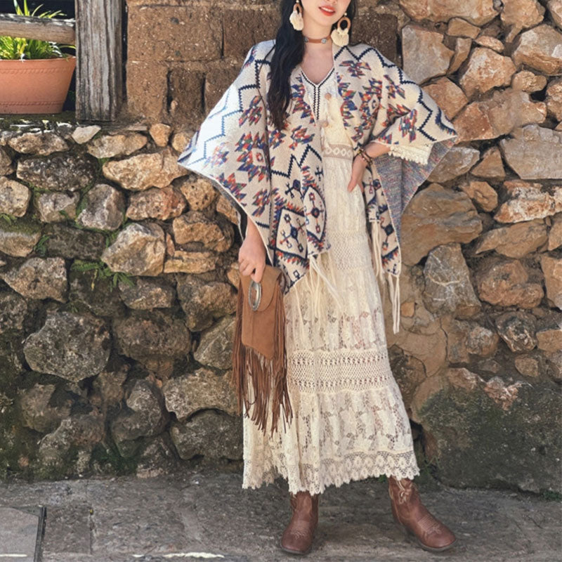 Buddha Stones Tybetański szal w paski Geometryczny wzór Zimowy przytulny szalik podróżny dzianinowy otulacz - image 7