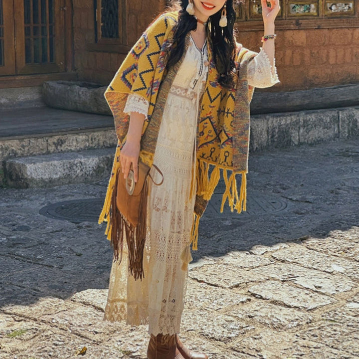 Buddha Stones Tybetański szal w paski Geometryczny wzór Zimowy przytulny szalik podróżny dzianinowy otulacz - image 2