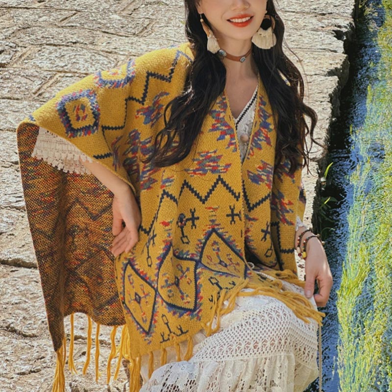 Buddha Stones Tybetański szal w paski Geometryczny wzór Zimowy przytulny szalik podróżny dzianinowy otulacz - image 1