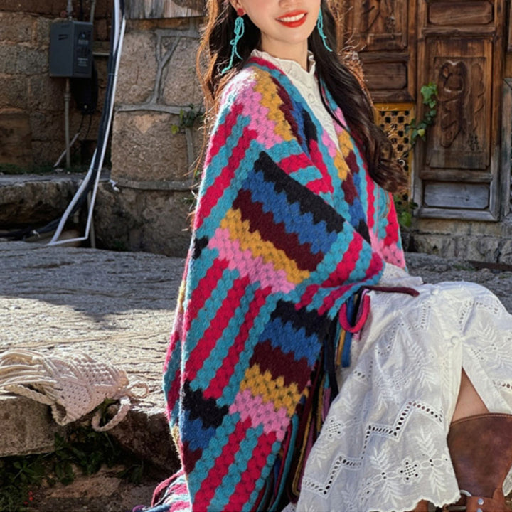 Buddha Stones Tybetańskie Szal Cukierkowy Kolor Warkocz Wzór Zimowy Przytulny Podróż Dzianinowy Chustka Z Frędzlami Otulacz - image 3