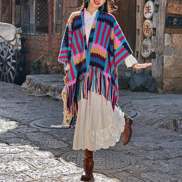 Buddha Stones Tybetańskie Szal Cukierkowy Kolor Warkocz Wzór Zimowy Przytulny Podróż Dzianinowy Chustka Z Frędzlami Otulacz - image 7