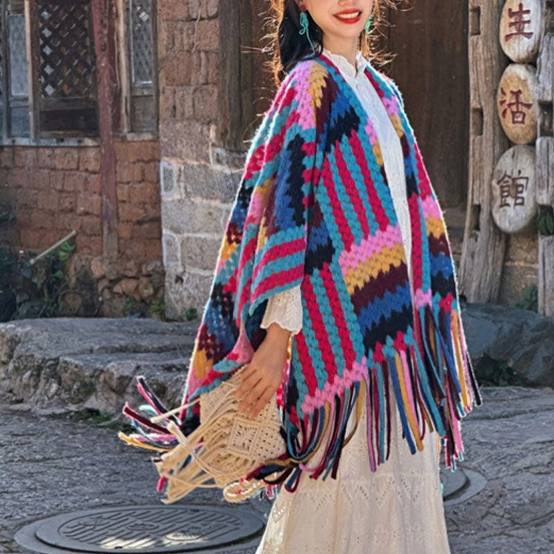 Buddha Stones Tybetańskie Szal Cukierkowy Kolor Warkocz Wzór Zimowy Przytulny Podróż Dzianinowy Chustka Z Frędzlami Otulacz - image 5