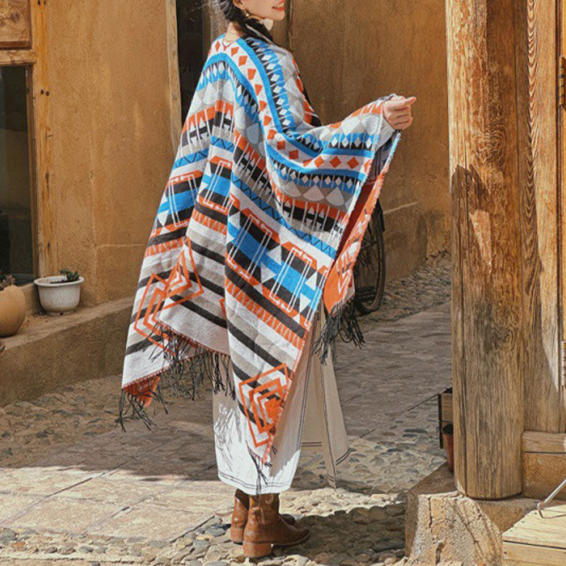 Buddha Stones Tybetański szal w paski Geometryczny wzór Zimowy przytulny szalik podróżny z frędzlami - Niebiesko-szary 130*150cm - image 0