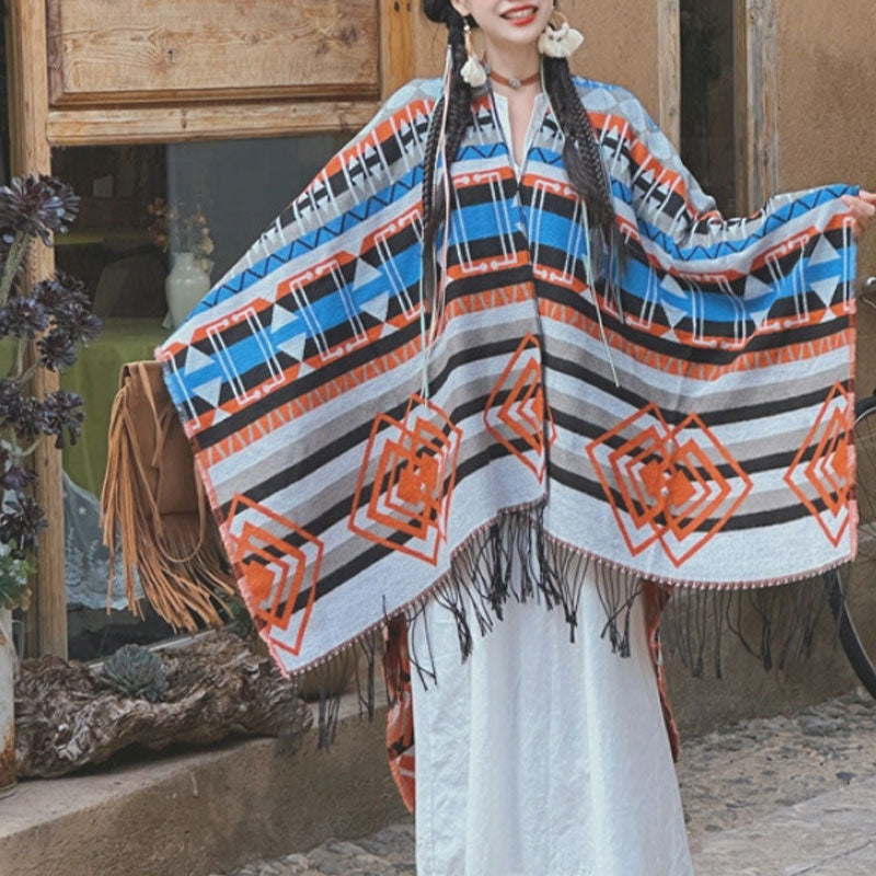 Buddha Stones Tybetański szal w paski Geometryczny wzór Zimowy przytulny szalik podróżny z frędzlami - image 1