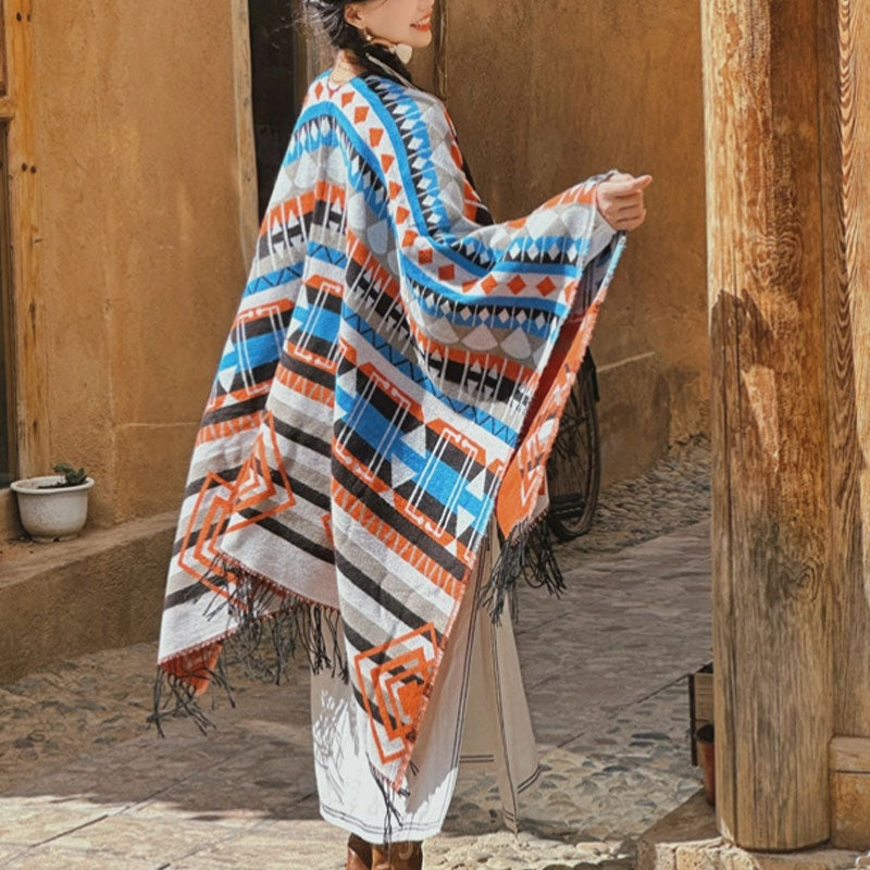 Buddha Stones Tybetański szal w paski Geometryczny wzór Zimowy przytulny szalik podróżny z frędzlami - image 3