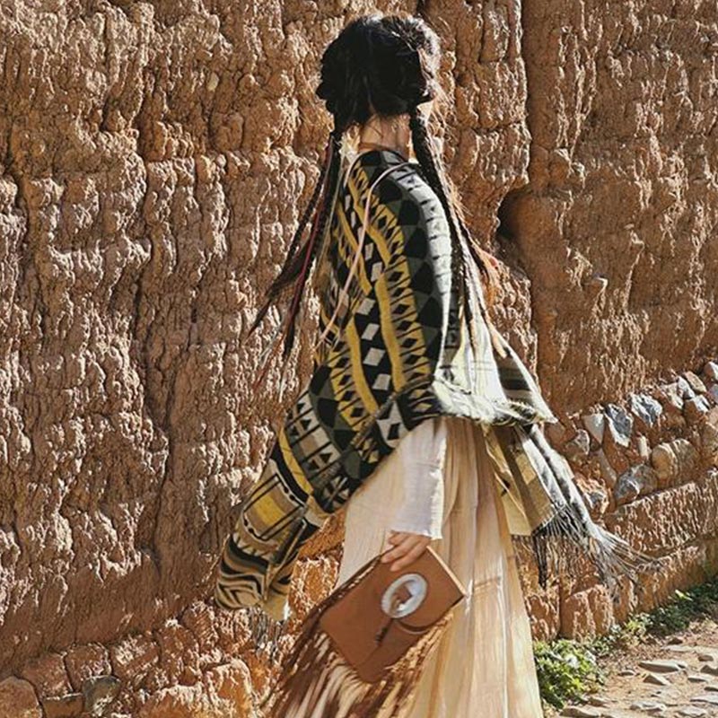 Buddha Stones Tybetański szal w paski Geometryczny wzór Zimowy przytulny szalik podróżny z frędzlami - image 9