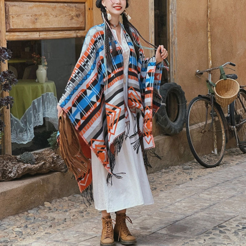 Buddha Stones Tybetański szal w paski Geometryczny wzór Zimowy przytulny szalik podróżny z frędzlami - image 2