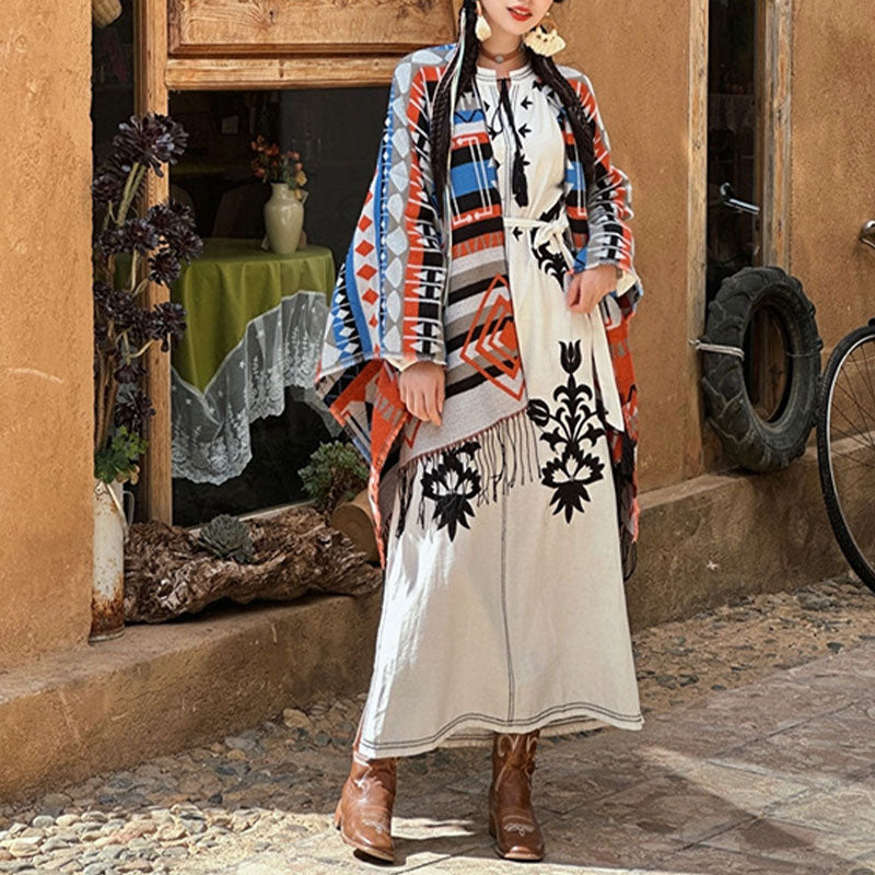 Buddha Stones Tybetański szal w paski Geometryczny wzór Zimowy przytulny szalik podróżny z frędzlami - image 5